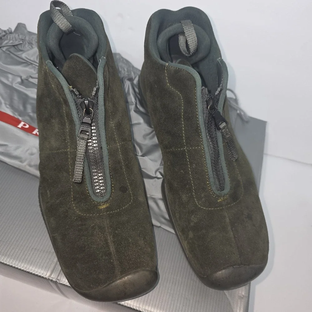 Vintage Prada Rare Olive Suede Front Zip High Top Sneakers Mens Sz US 9 Box